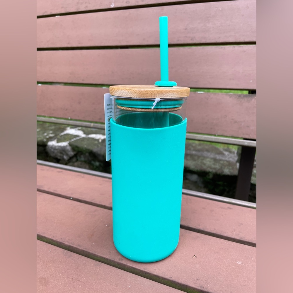 Aqua Green Glass Tumbler with Silicone Sleeve Bamboo Lid and Matching Straw
